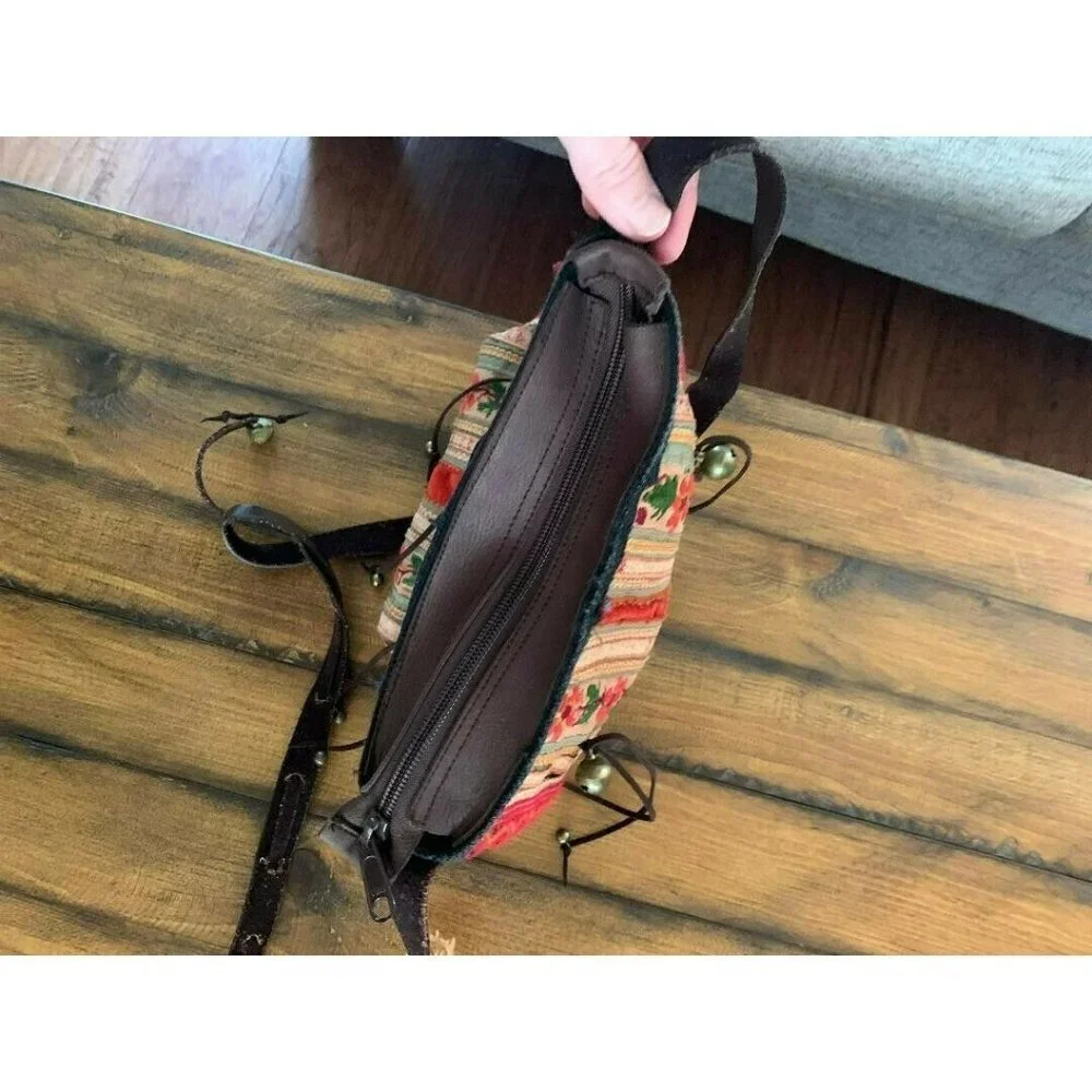 BOHO PURSE Multicolored Florall Has Bells Hippie Red Tassel